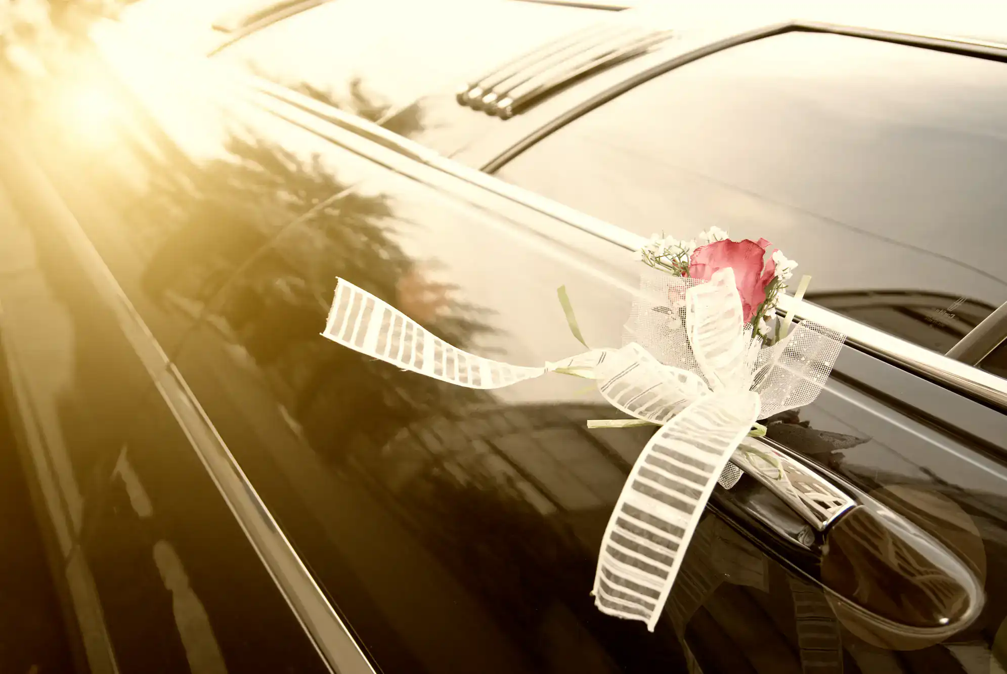 Stunning wedding limousine in Philadelphia, decorated with vibrant roses and elegant accents, perfect for bridal transportation, showcased by Philadelphia Car and Limo services